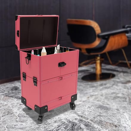 Cosmeticatrolley met 4 Wielen, Handvat en Spiegel - Roze Make-uptas