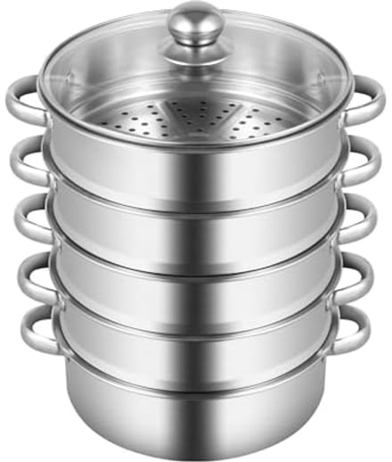 Stoompan Set - Stoomkoker RVS - Gezond Koken - 4 Stoomcontainers - 26 cm Diameter - Zilverkleurig
