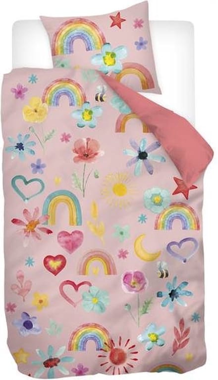 Snoozing Pink Rainbow - Flanel - Dekbedovertrek - Eenpersoons - 140x200/220 cm - Roze