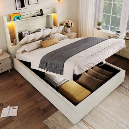 MODENUIT Gestoffeerd Bed 90x200 cm – Zonder Matras – USB- en USB-C-Aansluiting – LED-Verlichting – Opberghoofdbord – Beige