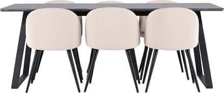 Malaga eethoek eetkamertafel 90x200cm donkergrijs en 6 Skagen stoel velours beige.