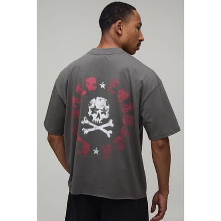 Antraciet Oversized T-shirt Met Schedel Print En Ruwe Zoom | Charcoal | Size Medium