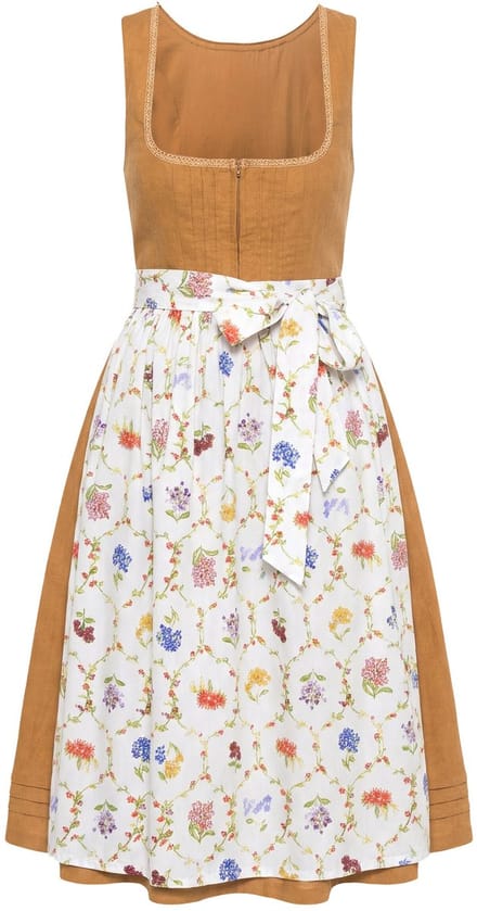 Ulla Popken - Dames - Dirndl van linnenmix biezen bloemen carree hals - Goudbruin - Maat 48