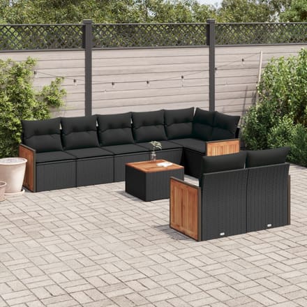 vidaXL - 9-delige - Loungeset - met - kussens - poly - rattan - zwart