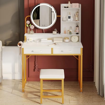 Kaptafel 80cm met Verstelbare LED Spiegel, Make-up Tafel met Opbergruimte en Lades
