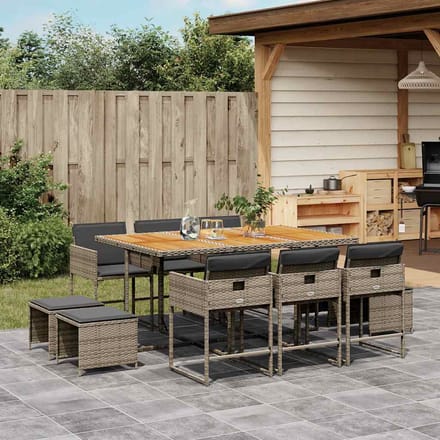 vidaXL - 11-delige - Tuinset - met - kussens - poly - rattan - grijs
