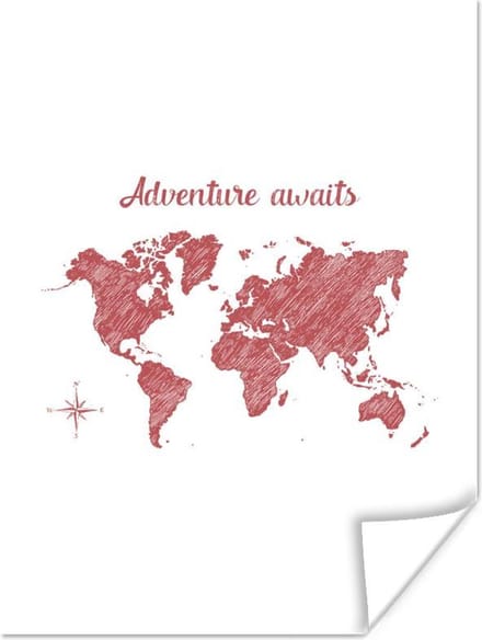 Poster - Wereldkaart - Quotes - Rood - 30x40 cm