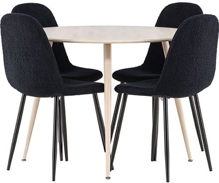 Plaza eethoek tafel Ø100cm en 4 teddy stoelen whitewash.