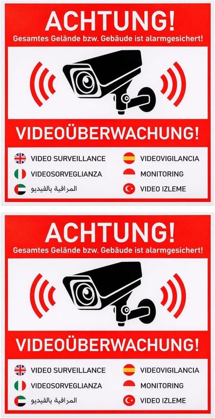 Waarschuwingssticker Videobewaking - Camera Sticker - Beveiliging Terrein - 7 Talen - 10x10cm