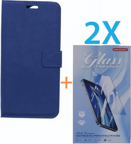 Bookcase Geschikt voor: Apple iPhone 16 Pro Max - Blauw - portemonnee hoesje - + 2X Tempered Glass Screenprotector