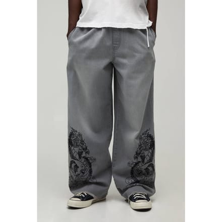 Jeans Met Geborduurd Drakendesign, Elastische Taille En Super Baggy Fit | Grey | Size 46R