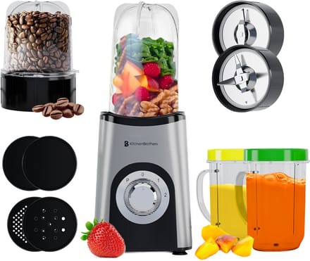 KitchenBrothers Smoothie Blender - 2-in-1 - Blender to Go - 4 Bekers - Smoothie Maker To Go - Mini Blender - Zilver
