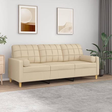 vidaXL - Driezitsbank - met - sierkussens - 180 - cm - stof - crèmekleurig