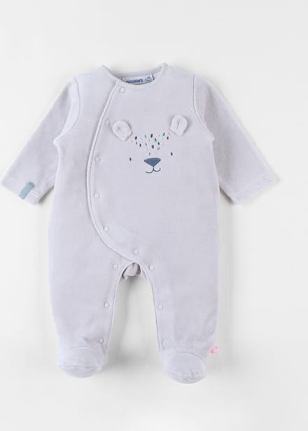 Noukie's - Pyjama - Velour - Unie - Lichtgrijst - Beertje - 12 maand 80