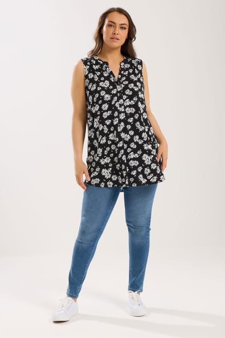 Yours Zwarte Mouwloze Blouse Met Madeliefjesprint Size 42