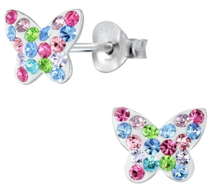 Joy|S - Zilveren vlinder oorbellen - 9 x 8 mm - kristal multicolor