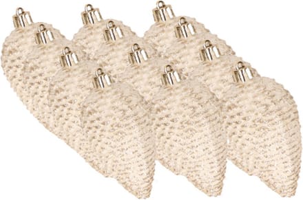 Decoris Dennenappels kersthangers - 12x st - creme wit - 8 cm - kunststof - kerstversiering