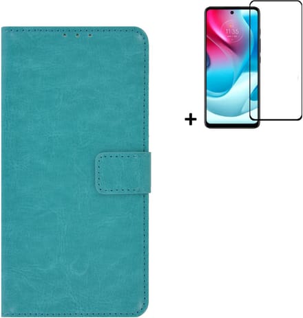 MoDo hoesje Geschikt voor Motorola Moto E32/ E32s - Kunstleer Book Case - Turquoise hoesje met full screenprotector