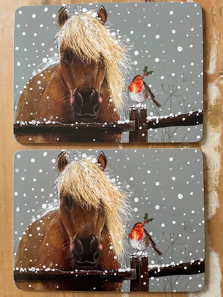 Alex Clark Placemats(MEDIUM FORMAAT) Horse and Robin ~ Paard en roodborstje Kerst/winter