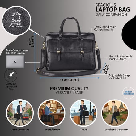 Echte leren laptoptas in zwart, met schoudertas van Satchel Messenger - Belmont