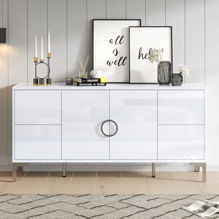 Dressoir - 150x38x59,5 cm - Met 4 Laden En 2 Deuren Hoogglans - Metalen Poten - MDF - Wit