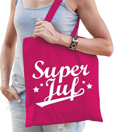 Super juf katoenen kado tas fuchsia roze - Jufdag / einde schooljaar cadeau