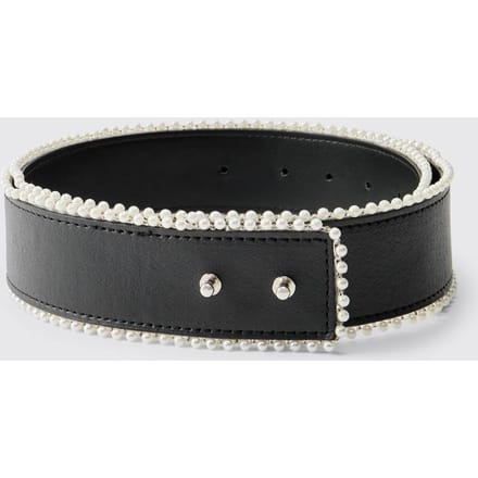PU Belt With Mock Pearl Edging | Black | Size Large