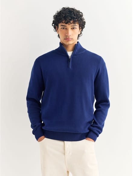 Next - Heren - Effen - Regular fit 100% katoenen premium trui met korte rits - Blauw