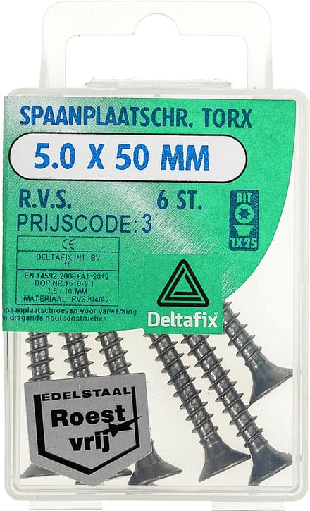 Deltafix spaanplaatschroef platkop / torx r.v.s. a2 5.0 x 50 mm 6 st.