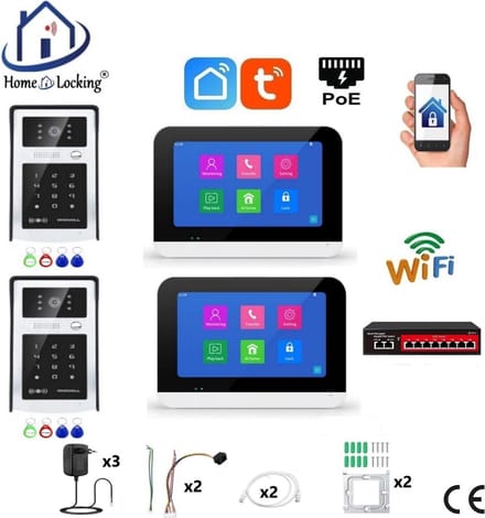 Smart WIFI deur intercom/videofoon touchscreen met bediening via Smart Life APP werkt met Alexa en Google spraaksturing. T-2303-2-2