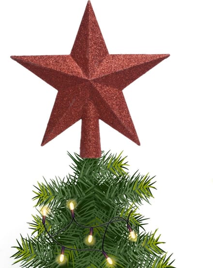 Decoris kerstboom piek - 1x - ster vorm - rood - glitter - 19 cm - kunststof - kerstpiek