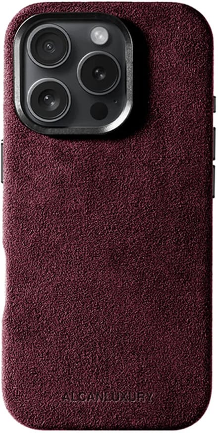 ALCANLUXURY Alcantara Hoesje geschikt voor iPhone 16 Pro Max – Echt Italiaans Alcantara® – Geschikt voor MagSafe – Back Cover – Wine Red