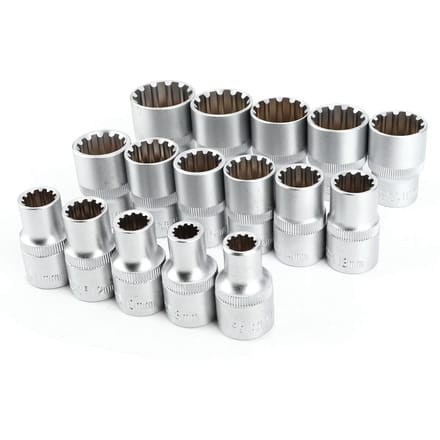 16 stuks 12in DR. SAEMETRIC Spline Dopsleutelset Spiegelnikkel Afwerking 12?Hoek Universeel gray