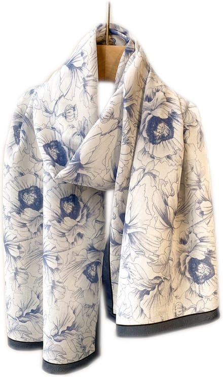 Zijden Sjaaltje - Halsdoek Dames - Bloemen - Wit / Blauw