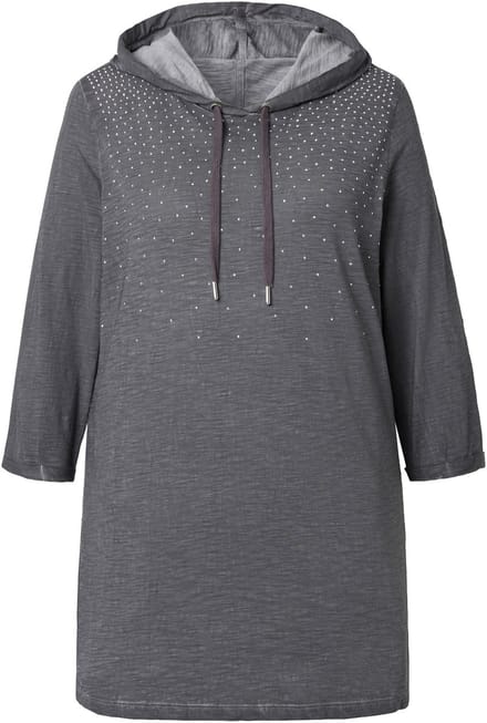 MIAMODA - Dames - T-shirt A-lijn cold dyed strass-verloop capuchon - Antraciet - Maat 46