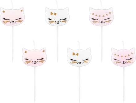 PARTYDECO - 6 witte en roze katten verjaardagskaarsjes