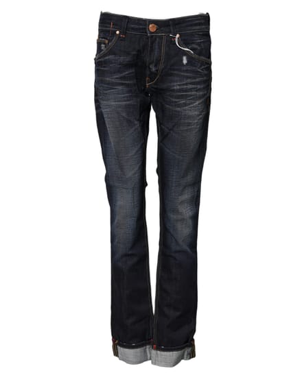 Acht Blauwe Gewassen Katoenen Midden Taille Wijde Denim Jeans