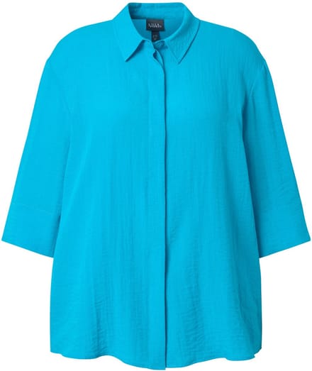 Ulla Popken - Dames - Overhemdblouse achterplooi overhemdkraag 3/4-mouwen - Aqua turquoise - Maat 62+