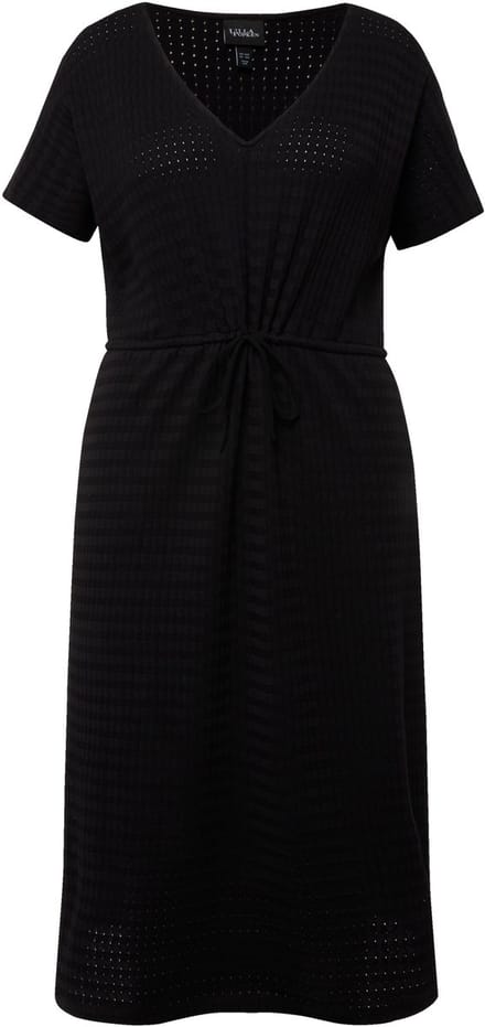 Ulla Popken - Dames - Jersey midi-jurk structuur jersey V-hals korte mouwen - Zwart - Maat 54+