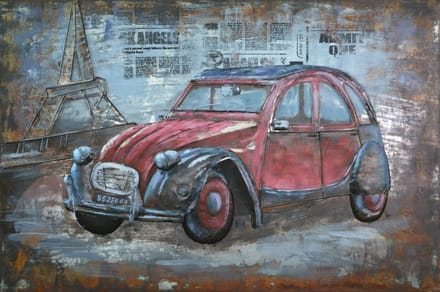 Schilderij - Metaalschilderij - Rode auto Citroën 2cv, Parijs - oldtimer120x80, 3D schilderij