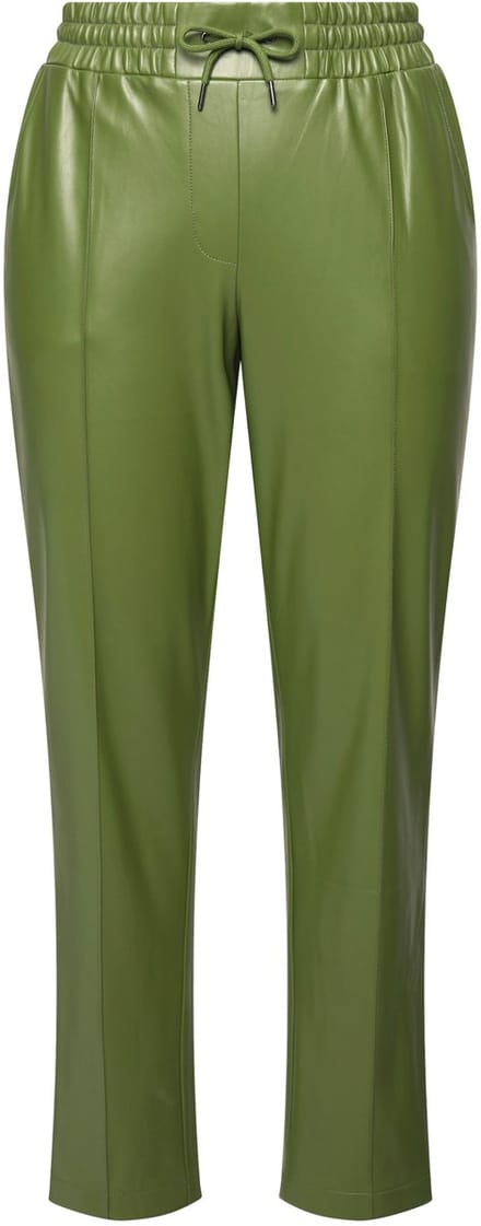 Ulla Popken - Dames - 7/8-broek leerlook plooien elastische tailleband - Olijf - Maat 50