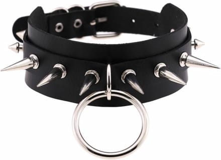 Punk Choker - Gothic Choker met Studs en O-Ring - Spike Halsband Rocker Collar - PU Leer Zwart - Verstelbare Sluiting