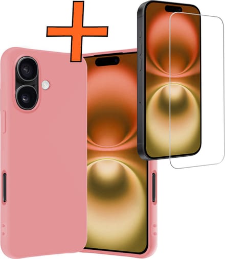 Hoes - Met Screenprotector - Geschikt voor Apple iPhone 16 Plus - Sterk & Shockproof - Back Cover - Siliconen Case - Telefoon Hoes - Lichtroze