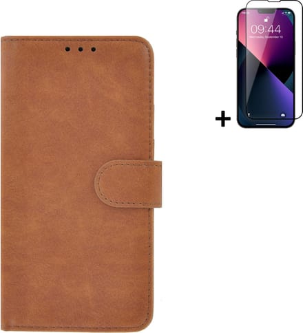Geschikt voor iPhone 13 Hoesje + iPhone 13 Screenprotector - iPhone 13 Hoes Wallet Bookcase Bruin + Full Tempered Glass