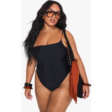 boohoo Dames Plus Resin Stone One Shoulder Swimsuit | Black | Maat: 28