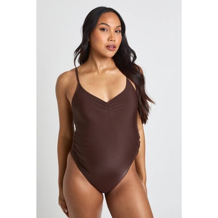 boohoo Dames Zwangerschaps Badpak Met Gerimpelde Voorkant | Chocoladebruin | Maat: 46