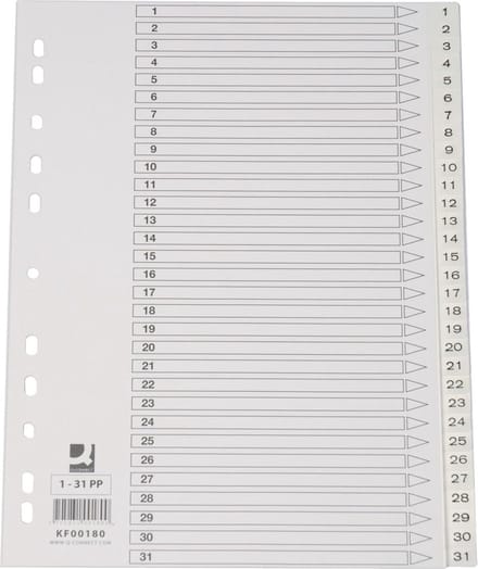 Q-CONNECT tabbladen, A4, PP, 11-gaatsperforatie, met indexblad, set van 1-31, wit 15 stuks