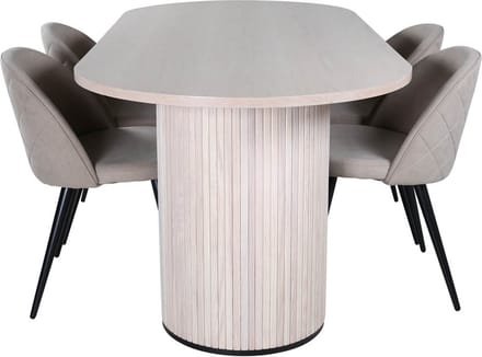 BiancaWW eethoek eetkamertafel eik fineer wit washed en 4 Velvet Stitches eetkamerstal beige.