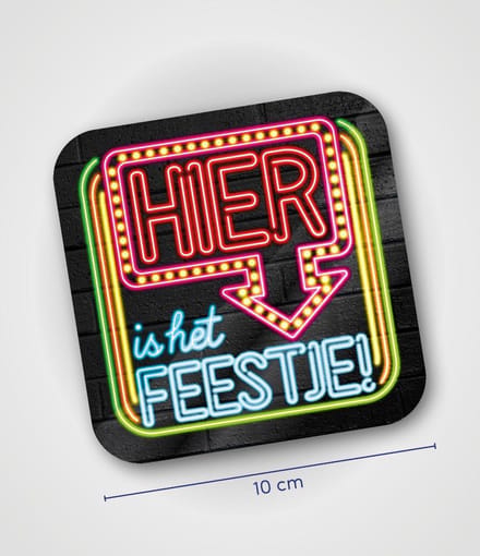 Neon glas onderzetters - Hier is het feestje- 6 stuks