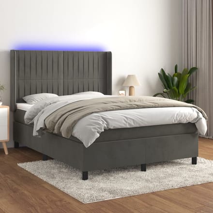 vidaXL - Boxspring - met - matras - en - LED - fluweel - donkergrijs - 140x190 - cm